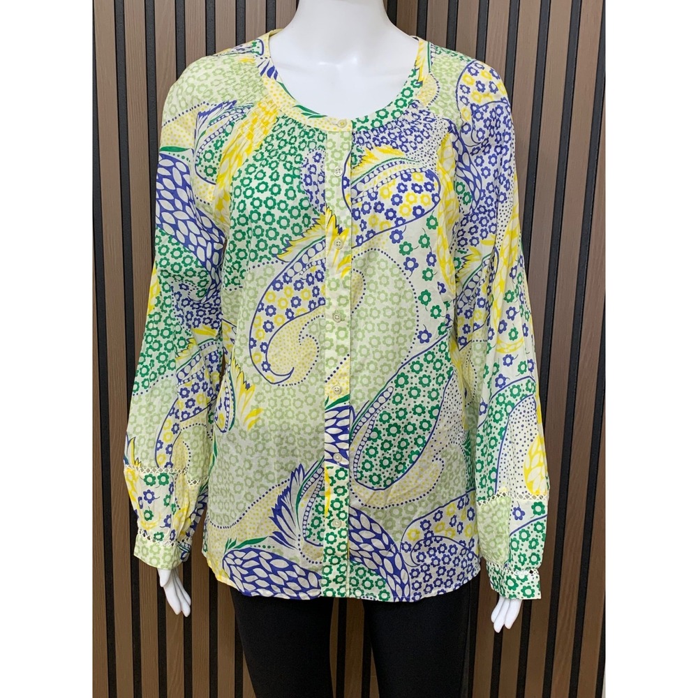 Talbots Women's M Cotton Paisley Floral Button Down Blouse Green Yellow Blue